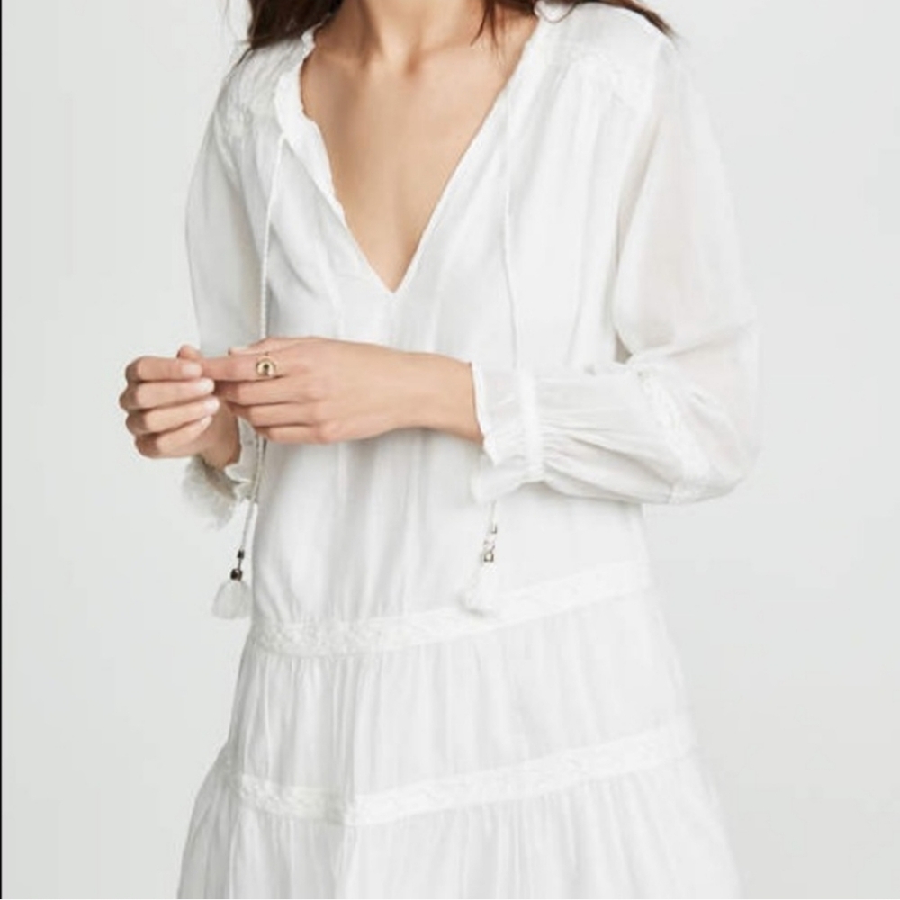 PAIGE Jaslene Long Sleeve Tassels Tiered Mini Dress In White Size Small - Picture 3 of 14